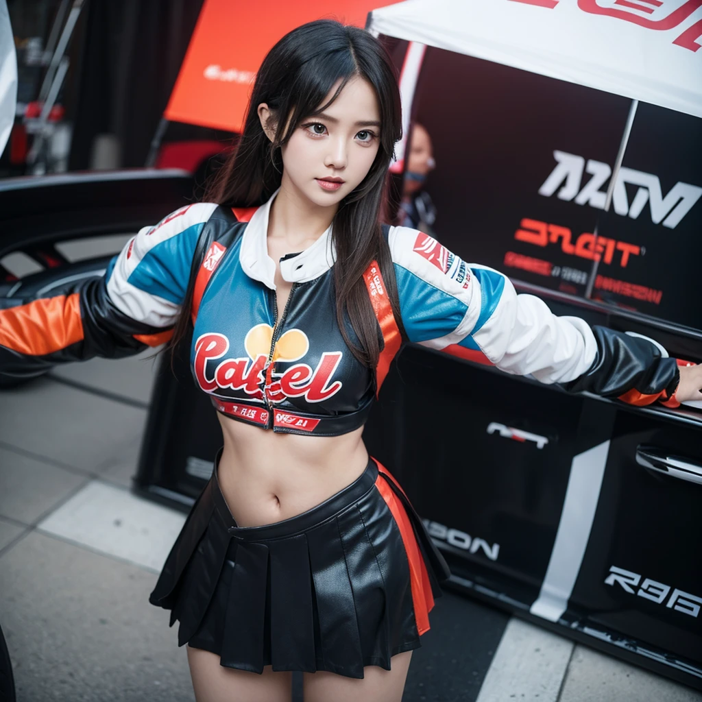 Ultra detailed face、Cool woman、Colorful costumes、F1 Driver Cosplay、Colorful costumes、Clothing with company logo、Grid Girlsのカラフルで派手な衣装、Grid Girls、Perfect Face、Paddock Girls、Harem、motor Show、tights、Bodycon Costumes、Grid Girls、Russia、Grid Girlsのコスプレ、belly button、Pleated skirt、Bodycon Costumes、Photographed in a sexy pose