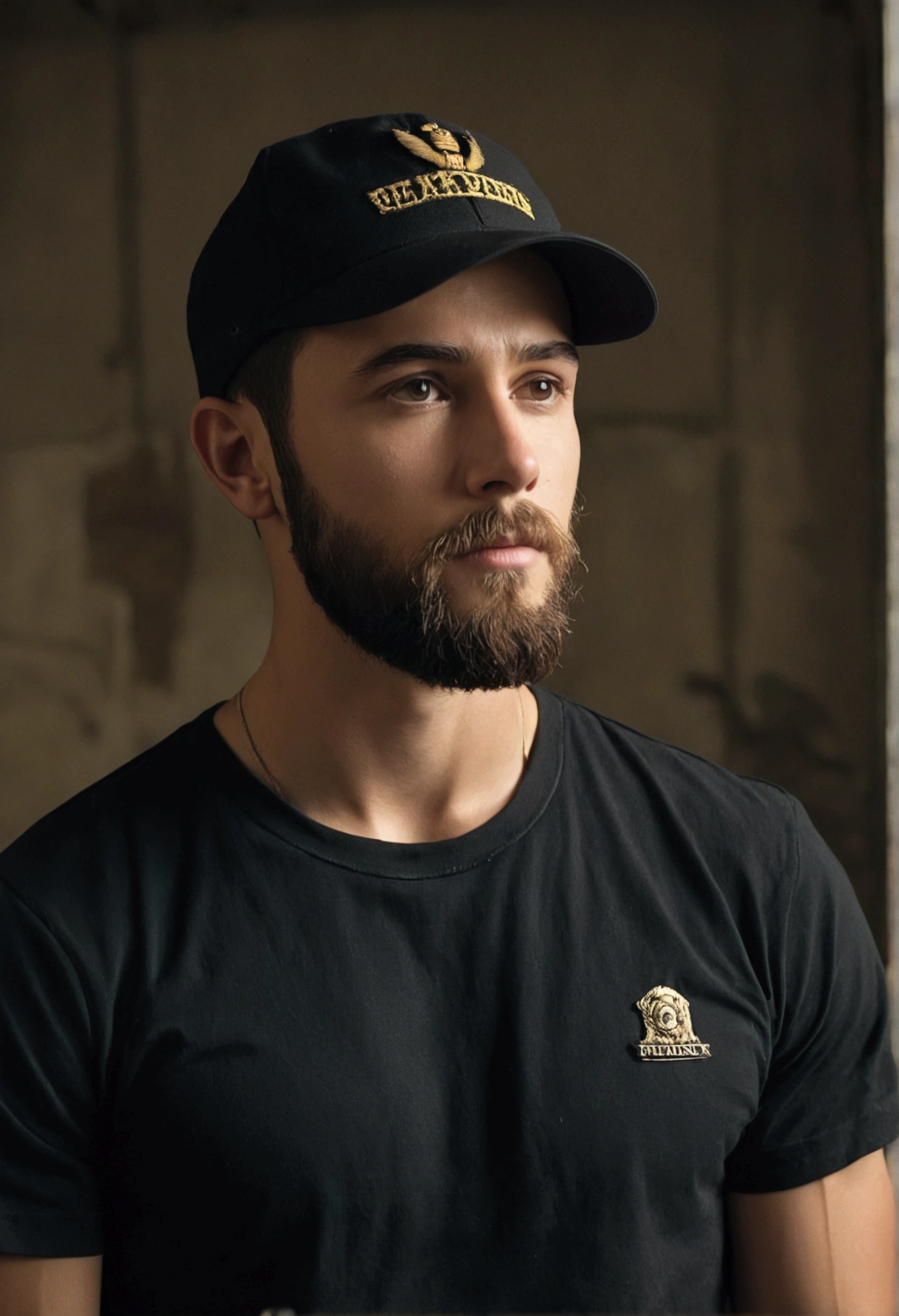 A 22 year old man, with a very low paired beard, black t-shirt fitted to the body, super realistico, cinematic effect, short hair in military haircut style, crooked brim cap with a letter, background with dark environment, good lighting as if it were a scene from a movie, 8k, ultra realisitic, sharp.