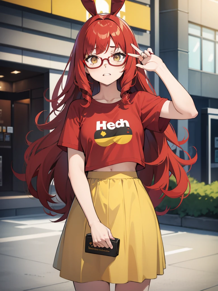 1 girl, Red hair, medium length hair, curly hair, freckles, mad face, circle glasses, yellow glasses, brown eyes, body shape, short skirt, cropped bunny t-shirt