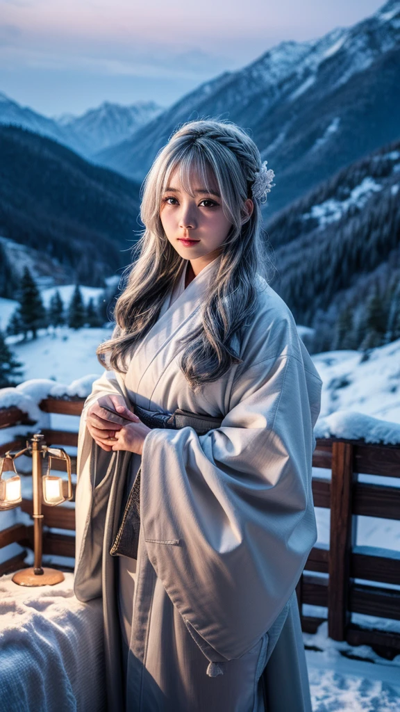 Snow Woman、Gray Hair、White kimono、long hair、Snow Mountain、night