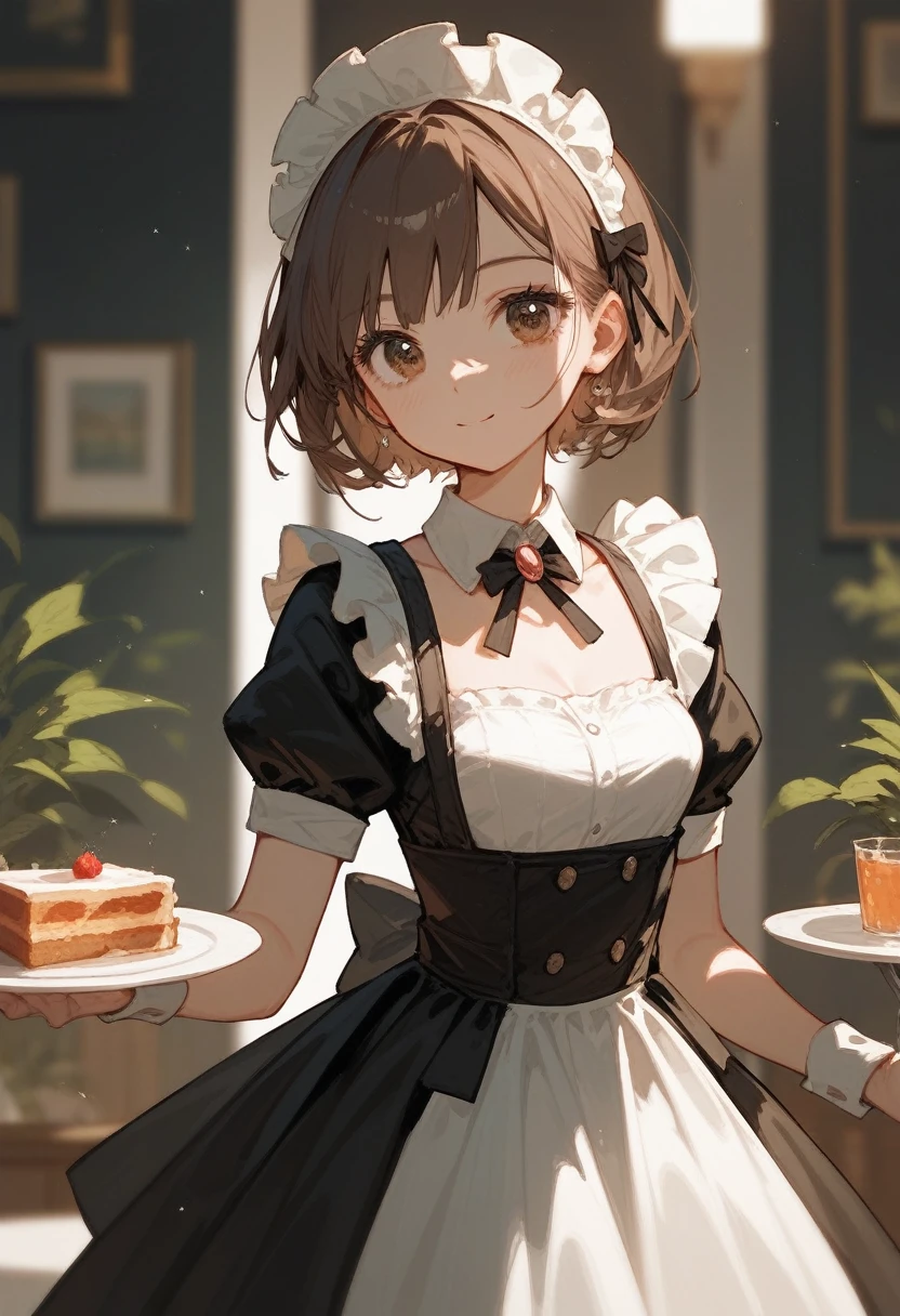 (Fraction_9,Fraction_8_Direction_7_up), （（A woman）），Cute maid，Black and white clothes，Eye，Brown hair，Princess dress，White，