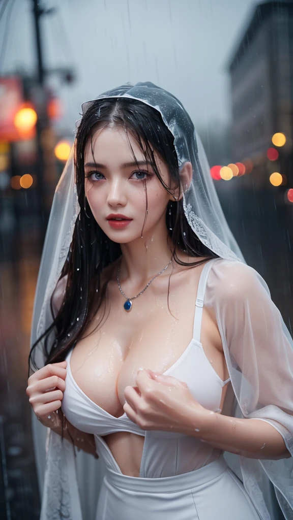 sakimichan style, wlop style, portrait, finely detailed face, beautiful woman, plump lips, opaque veil, medieval veil, headrail, 12th century, heterochromia eyes, iridescent eyes, medieval clothing, bliaut, lord of the rings gown, close to perfection, beautiful anime style, character panorama, clean and detailed face, glowing shadows, beautiful gradients, depth of field, clean Graphics, high quality, high detail, high definition, Luminous Studio graphics engine (RAW shooting、Photorealistic:1.5、8k、Highest quality、masterpiece、Ultra-high resolution)、Perfect dynamic composition:1.2、Modern city street corner at night、emotion:1.3、(((Heavy rain from a typhoon)))、Highly detailed skin and facial textures:1.2、Slim office lady wet with rain:1.3、Sexy beauty:1.1、Perfect Style:1.2、beautifully、beautiful:1.1、Fair skin、Very beautiful face、Water droplets on the skin、(Rain dripping on the body:1.2、Wet body、Wet Hair:1.4、Wet Office Skirt:1.2、Wet OL uniform:1.3)、belt、(G-cup bust、Bra see-through、Chest gap)、(A look of resignation、Embarrassed face、)、(Beautiful Blue Eyes、Beautiful erotic eyes:0.8)、( Erotic Level:0.9、Fascination:0.9)、Cowboy Shot、necklace、