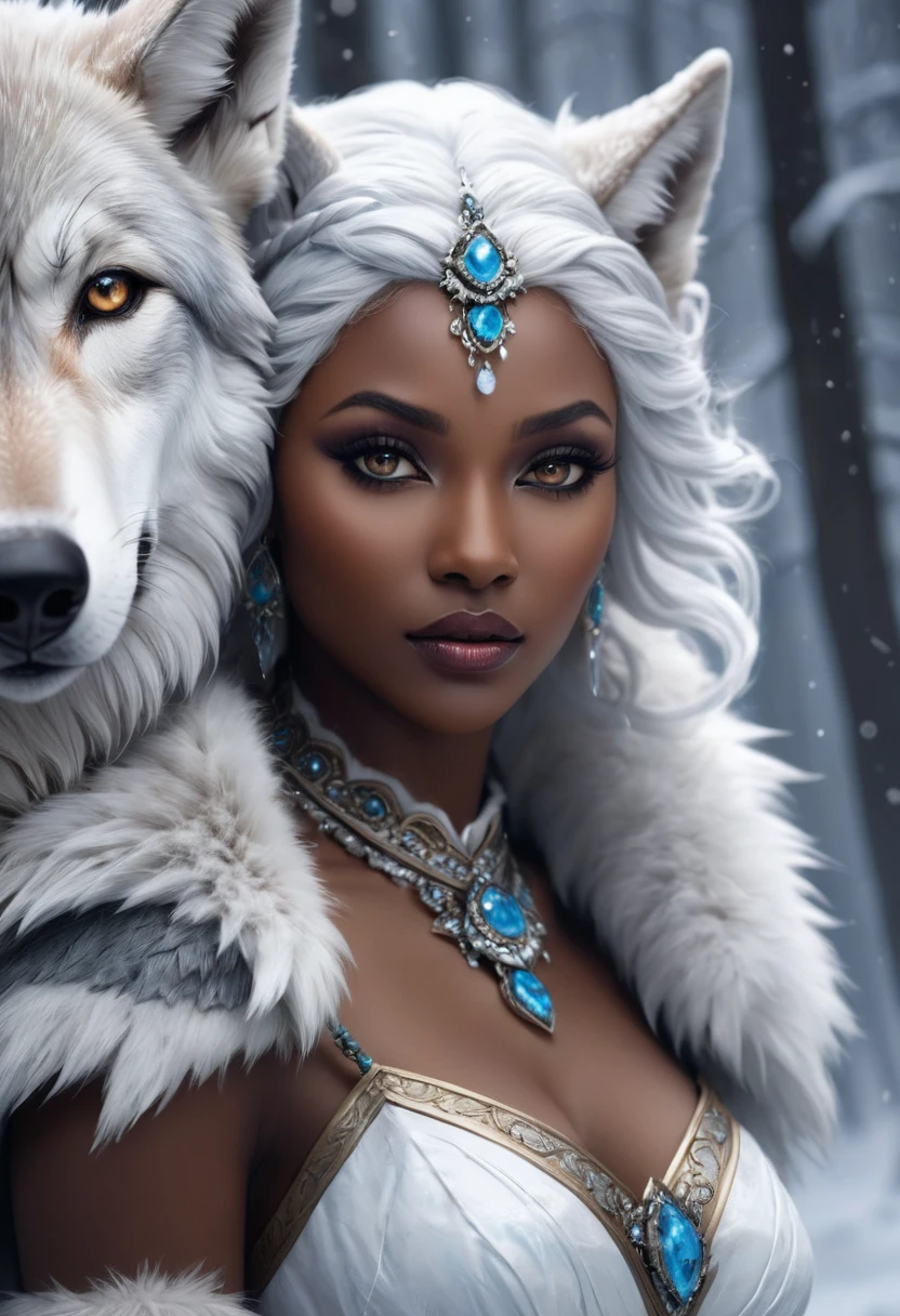 Photography Style-Photography,Ultra-clear details,Portrait photography,Close-up of a woman in a dress and a wolf, concept art by Cynthia Sheppard, Trends in CG Society, Fantasy Art, Ice and Storm Queen, white fur and dark skin, Female anthropomorphic wolf, Goddess of winter, Winter queen, Fantasy Art style, Dark Skin God, epic Fantasy Art style,8k