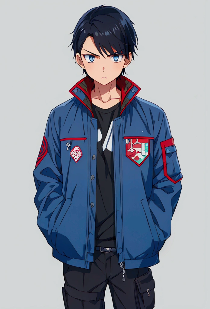 (Best quality), simple background, Japanese novel cover, a boy, short black hair, jacket, looking into the distance, missing his sister, blue jacket, fierce eyes,