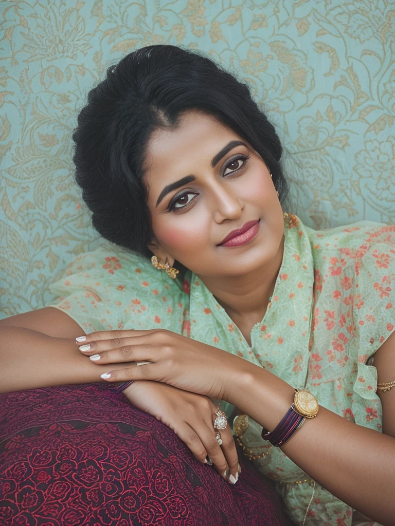 There's a woman sitting on a couch in a green and red dress, Farida Malik, inspired by T. k. Padmini, vertical image, Ritu kumar, Photo of a woman, vertical image, portrait photography, studio portrait en color, studio portrait, colour portrait photograph, Photo taken with Nikon D 7 5 0, Photo taken with the Nikon D750 .sexse hot girl