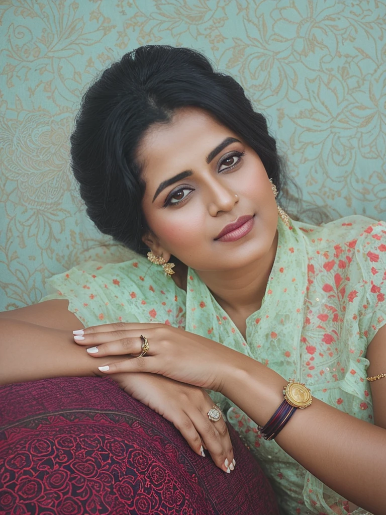 There's a woman sitting on a couch in a green and red dress, Farida Malik, inspired by T. k. Padmini, vertical image, Ritu kumar, Photo of a woman, vertical image, portrait photography, studio portrait en color, studio portrait, colour portrait photograph, Photo taken with Nikon D 7 5 0, Photo taken with the Nikon D750 .sexse hot girl