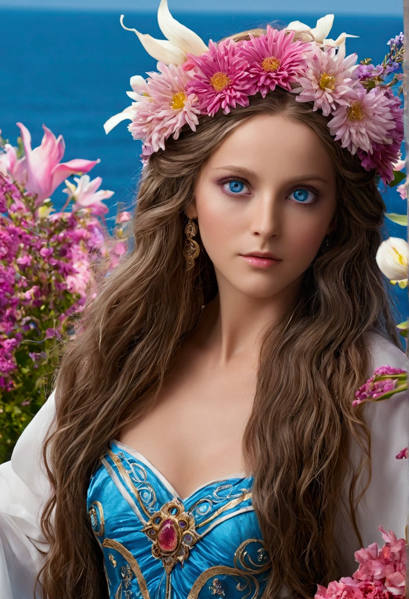 ( Absurd , high quality , Ultra-detailed, Pay attention to your hands ) Cancer Goddess , Similar to Latin goodness , intellectual, Crafty, Reasonable, Independent face , mature , tenacious, Nervous, Hypersensitive, Ocean Blue Eyes(Eye details), Long Hair, Dance l'Sea of flowers, Whole body , Innocent Makeup ,