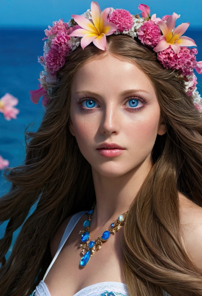 ( Absurd , high quality , Ultra-detailed, Pay attention to your hands ) Cancer Goddess , Similar to Latin goodness , intellectual, Crafty, Reasonable, Independent face , mature , tenacious, Nervous, Hypersensitive, Ocean Blue Eyes(Eye details), Long Hair, Dance l'Sea of flowers, Whole body , Innocent Makeup ,