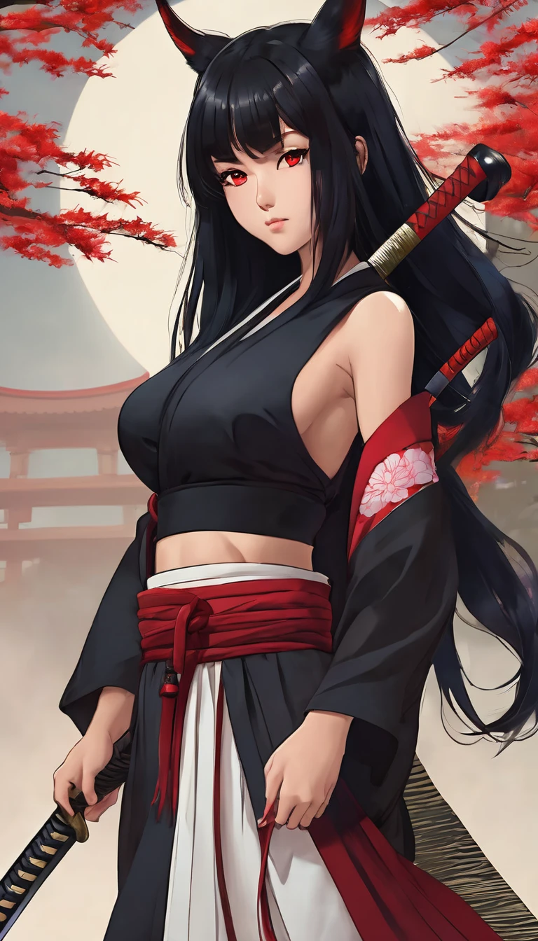 Create a young good girl with huge chest and butt and japanese style cloth old ages with a katana black hair red eyes and full body