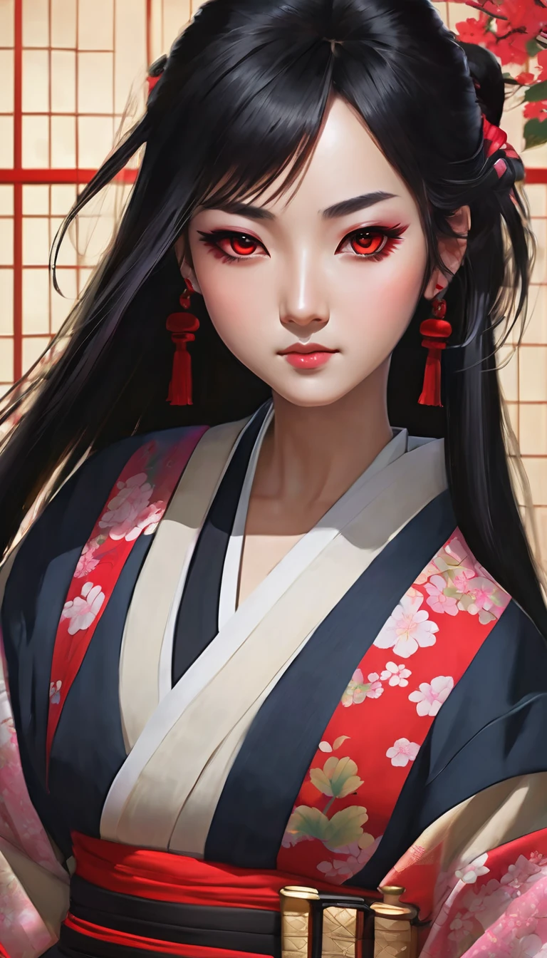 Create a young good girl with huge chest and butt and japanese style cloth old ages with a katana black hair red eyes and full body