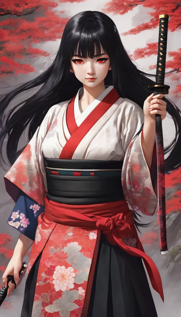 Create a young good teen girl with huge chest and butt and japanese style cloth old ages with a katana black hair red eyes and full body