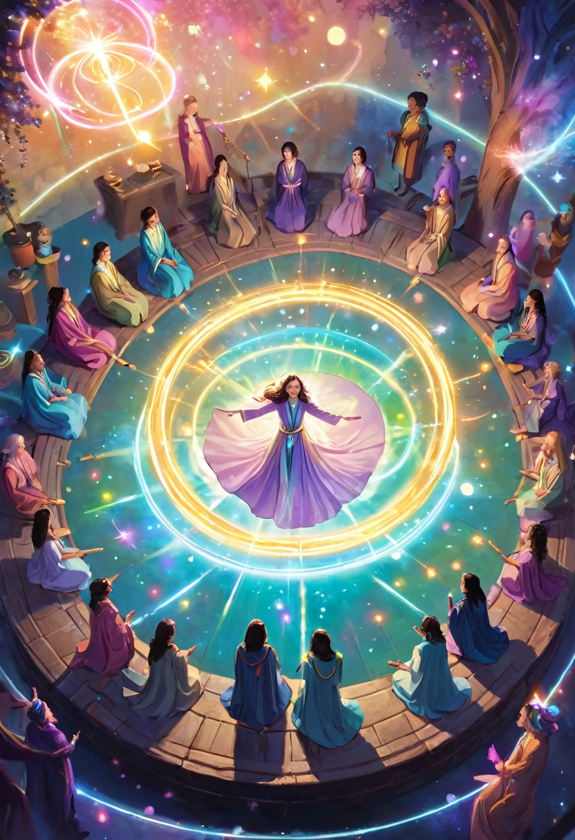Wizards with magic sticks are forming a circle. There is a woman lying in the middle of the circle. The magicians surround the woman with light and heal her. The wizards are wearing robes and smiling. Fantastic, pastel colored spheres of light are floating in the air.
