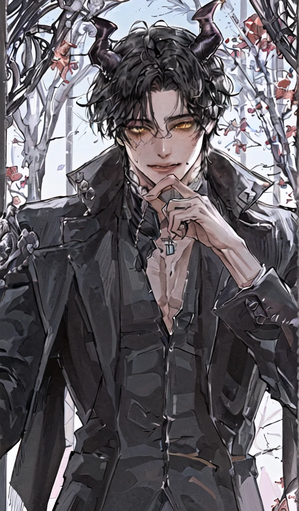 1 men,portraite, messy big hair, Bblack hair, yellow  eyes, Beautiful Mouth, Caucasian skin, vampire appearance, demon horns,brawny 