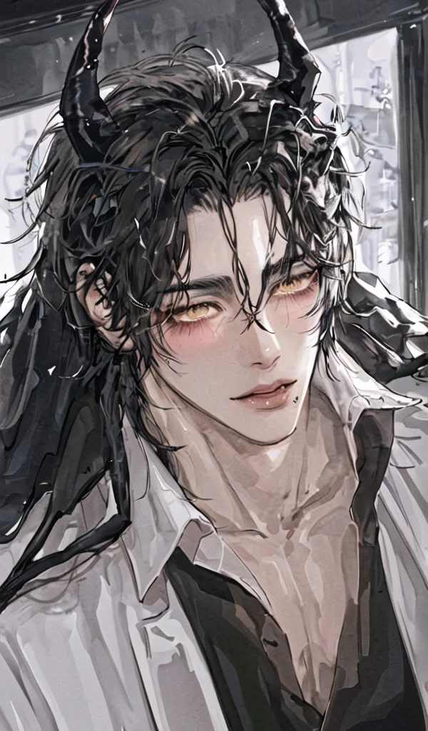 1 men,portraite, messy big hair, Bblack hair, yellow eyes, Beautiful Mouth, Caucasian skin, vampire appearance, demon horns,brawny