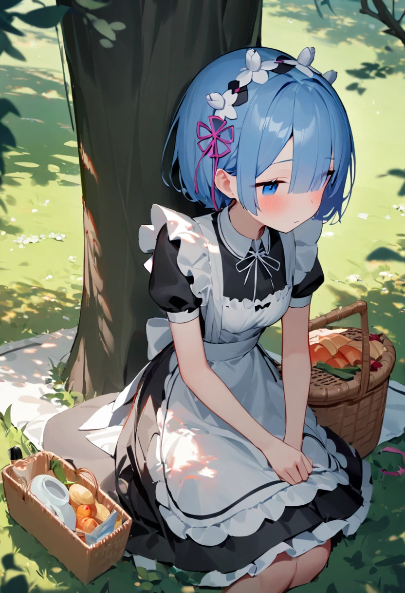 1girl, rem (re:zero), re:zero kara hajimeru isekai seikatsu, maid, maid dress, katyusha, leaning against tree trunk, dappled sunlight through leaves, picnic basket nearby, peaceful expression, soft natural shadows, outdoor picnic, sunny day, masterpiece, best quality, absurdres

