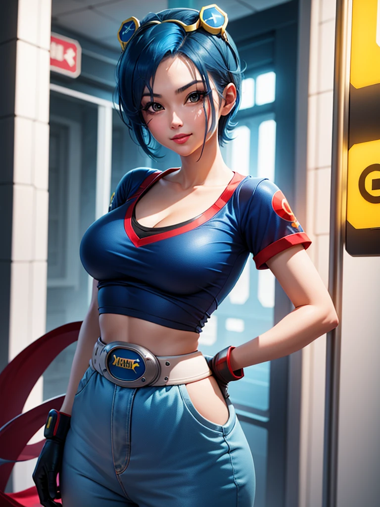 (at night), in a video game scene, a background of a beautiful city during the day raining, standing at attention, semi-short blue hair, goggles on top of her head, blue shirt on her chest, she has the face of a smiling frog type logo, has a long red scarf, big belt around her waist, blue fingerless gloves, white exercise pants, ((blue hair)), 1 girl, alone, 20 years old, young woman, perfect hands, beautiful fingers, beautiful long legs, beautiful body, beautiful nose, beautiful character design, perfect face, looking at the viewer with serious gesture (focusing on his face), closed mouth, Light_Smile, official art, extremely detailed CG unity 8k wallpaper, perfect lighting , bright and colorful front lighting, glowing skin (masterpiece: 1.0), (best_quality: 1.0), ultra-high resolution, 4K, ultra-detailed photography, 8K, HDR, high resolution, nonsense:1.2, Kodak portra 400, film grain , blurred background, bokeh:1.2, lens flare, (vibrant_color:1.2), professional photography, (Beautiful, breasts: 1.4), (beautiful_face: 1.5), (narrow waist),
