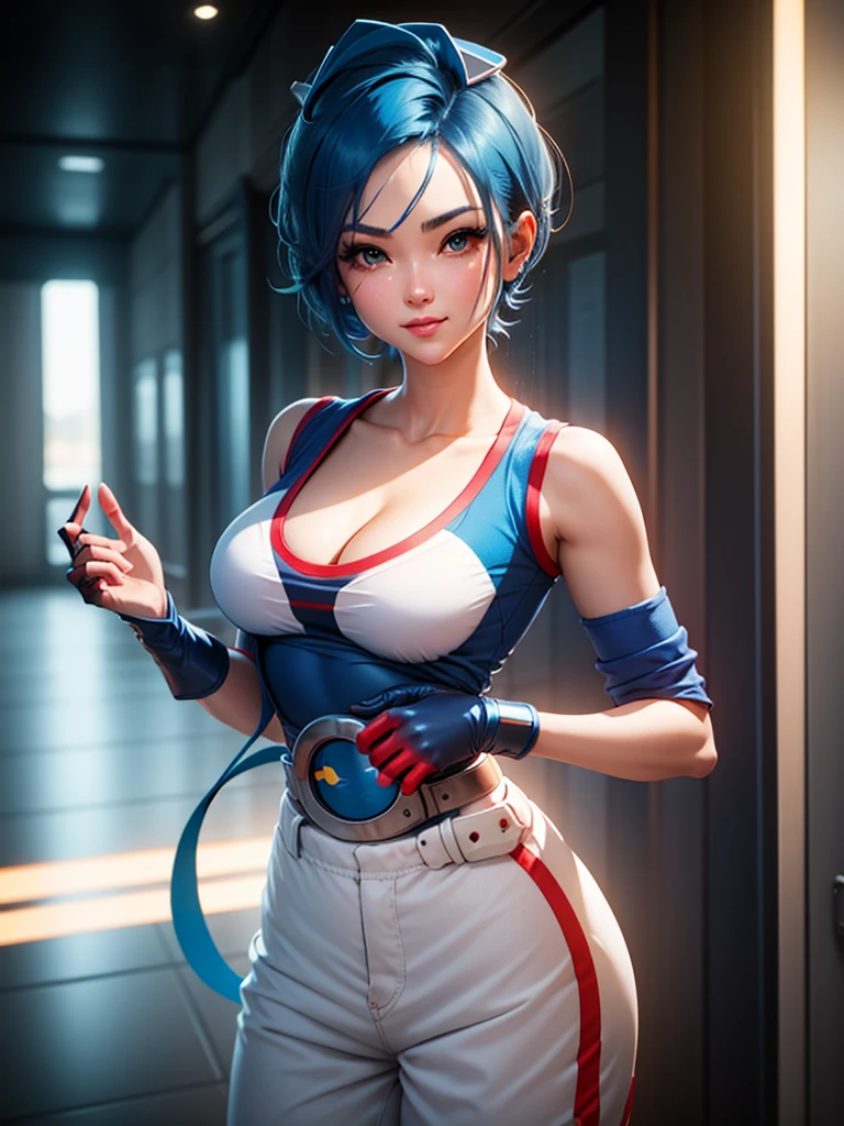 (at night), in a video game scene, a background of a beautiful city during the day raining, standing at attention, semi-short blue hair, goggles on top of her head, blue shirt on her chest, she has the face of a smiling frog type logo, has a long red scarf, big belt around her waist, blue fingerless gloves, white exercise pants, ((blue hair)), 1 girl, alone, 20 years old, young woman, perfect hands, beautiful fingers, beautiful long legs, beautiful body, beautiful nose, beautiful character design, perfect face, looking at the viewer with serious gesture (focusing on his face), closed mouth, Light_Smile, official art, extremely detailed CG unity 8k wallpaper, perfect lighting , bright and colorful front lighting, glowing skin (masterpiece: 1.0), (best_quality: 1.0), ultra-high resolution, 4K, ultra-detailed photography, 8K, HDR, high resolution, nonsense:1.2, Kodak portra 400, film grain , blurred background, bokeh:1.2, lens flare, (vibrant_color:1.2), professional photography, (Beautiful, breasts: 1.4), (beautiful_face: 1.5), (narrow waist),