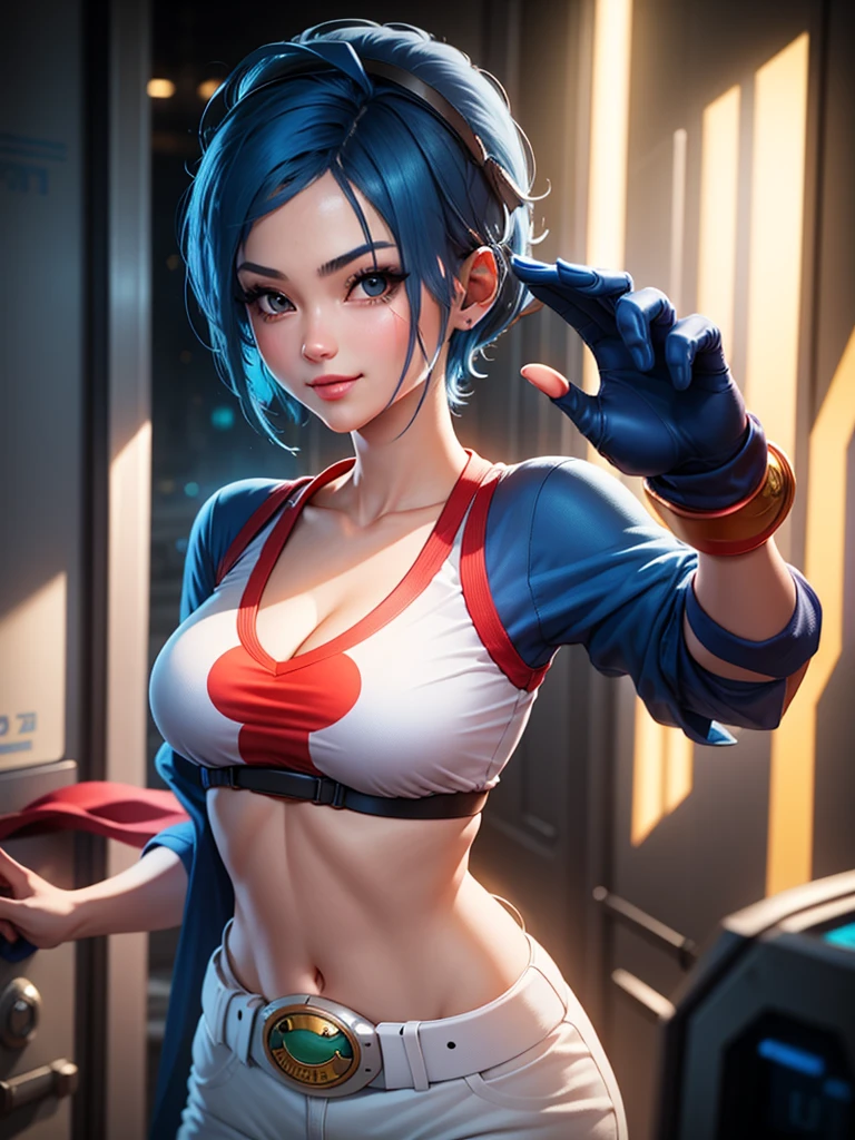 (at night), in a video game scene, a background of a beautiful city during the day raining, standing at attention, semi-short blue hair, goggles on top of her head, blue shirt on her chest, she has the face of a smiling frog type logo, has a long red scarf, big belt around her waist, blue fingerless gloves, white exercise pants, ((blue hair)), 1 girl, alone, 20 years old, young woman, perfect hands, beautiful fingers, beautiful long legs, beautiful body, beautiful nose, beautiful character design, perfect face, looking at the viewer with serious gesture (focusing on his face), closed mouth, Light_Smile, official art, extremely detailed CG unity 8k wallpaper, perfect lighting , bright and colorful front lighting, glowing skin (masterpiece: 1.0), (best_quality: 1.0), ultra-high resolution, 4K, ultra-detailed photography, 8K, HDR, high resolution, nonsense:1.2, Kodak portra 400, film grain , blurred background, bokeh:1.2, lens flare, (vibrant_color:1.2), professional photography, (Beautiful, breasts: 1.4), (beautiful_face: 1.5), (narrow waist),
