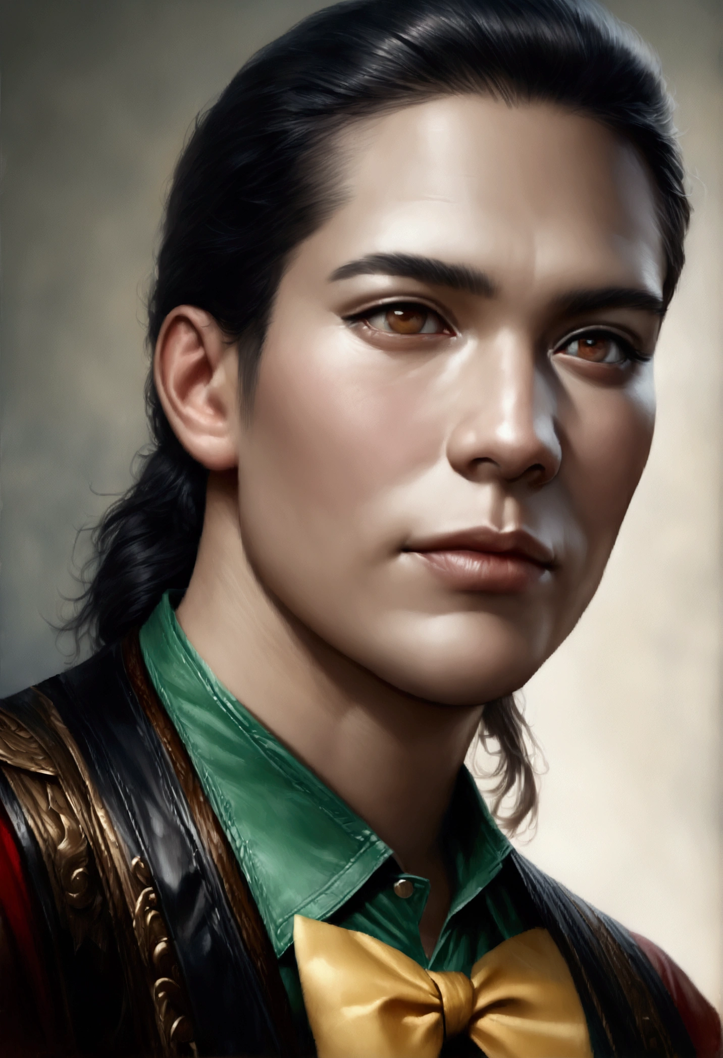 a 17 year old male teenager, green jelly skin, brown eyes, blue and green hair, green shirt with black straps, black pants, yellow bowtie, (best quality,4k,8k,highres,masterpiece:1.2),ultra-detailed,(realistic,photorealistic,photo-realistic:1.37),portrait,character design,highly detailed face and eyes,cinematic lighting,dynamic pose,vibrant colors,intricate details