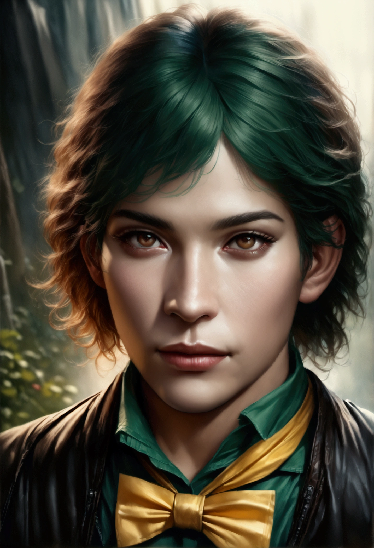 a 17 year old male teenager, green jelly skin, brown eyes, blue and green hair, green shirt with black straps, black pants, yellow bowtie, (best quality,4k,8k,highres,masterpiece:1.2),ultra-detailed,(realistic,photorealistic,photo-realistic:1.37),portrait,character design,highly detailed face and eyes,cinematic lighting,dynamic pose,vibrant colors,intricate details