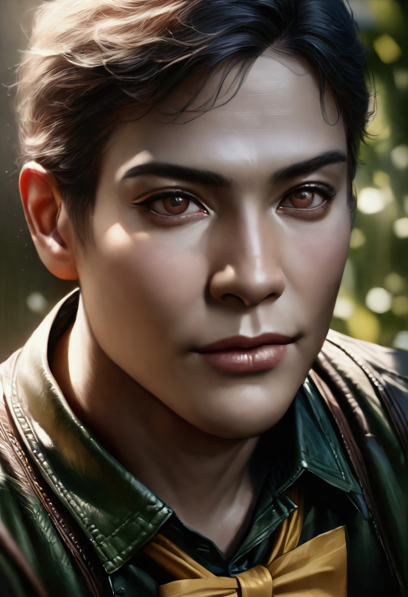a 17 year old male teenager, green jelly skin, brown eyes, blue and green hair, green shirt with black straps, black pants, yellow bowtie, (best quality,4k,8k,highres,masterpiece:1.2),ultra-detailed,(realistic,photorealistic,photo-realistic:1.37),portrait,character design,highly detailed face and eyes,cinematic lighting,dynamic pose,vibrant colors,intricate details