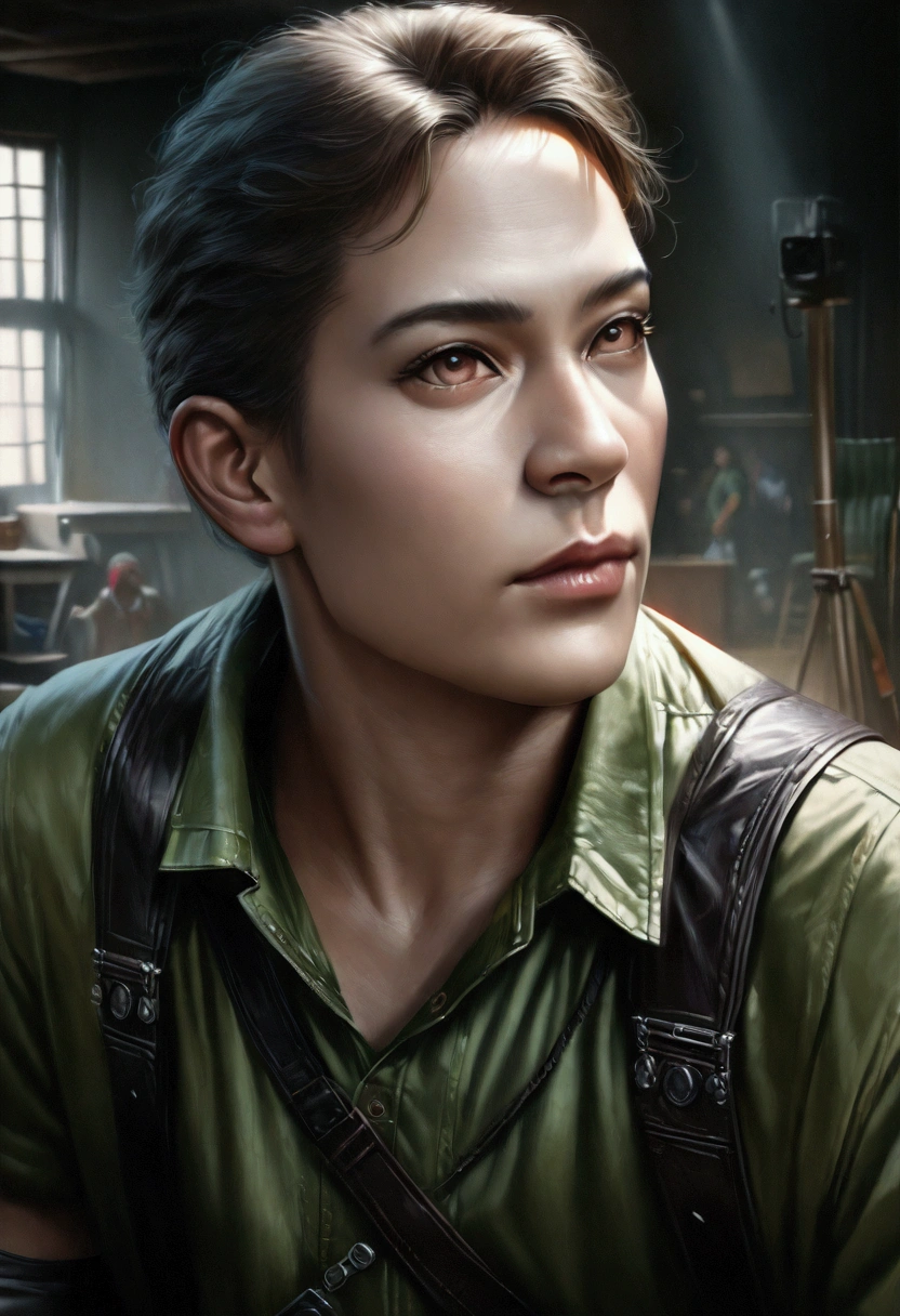 a 17 year old male teenager, green jelly skin, brown eyes, blue and green hair, green shirt with black straps, black pants, yellow bowtie, (best quality,4k,8k,highres,masterpiece:1.2),ultra-detailed,(realistic,photorealistic,photo-realistic:1.37),portrait,character design,highly detailed face and eyes,cinematic lighting,dynamic pose,vibrant colors,intricate details