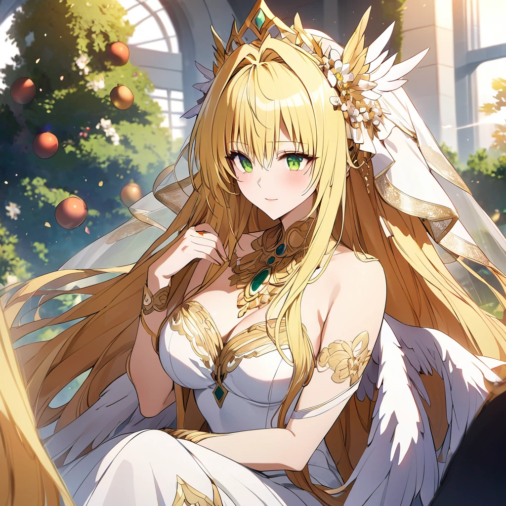 ((Highest quality)), ((masterpiece)), (detailed), (Perfect Face)、The woman is Hera, the Greek goddess, a magnificent and large angel.6An archangel and god with wings and a shining halo above his head.々Goddess Tiara, wife of Zeus, king of the gods, and queen of the sacred gods.、The woman was the beautiful goddess Goddess Tiare, queen of the one and only god Zeus, with green eyes and medium-long blonde hair. She was wearing a pure white vintage wedding dress with gorgeous gold embroidery and trim, a gorgeous vintage wedding veil, gorgeous jewelry and decorations, an engagement ring, and gorgeous accessories. She was an elegant goddess, the graceful, beautiful, sacred goddess and queen Goddess Tiare.