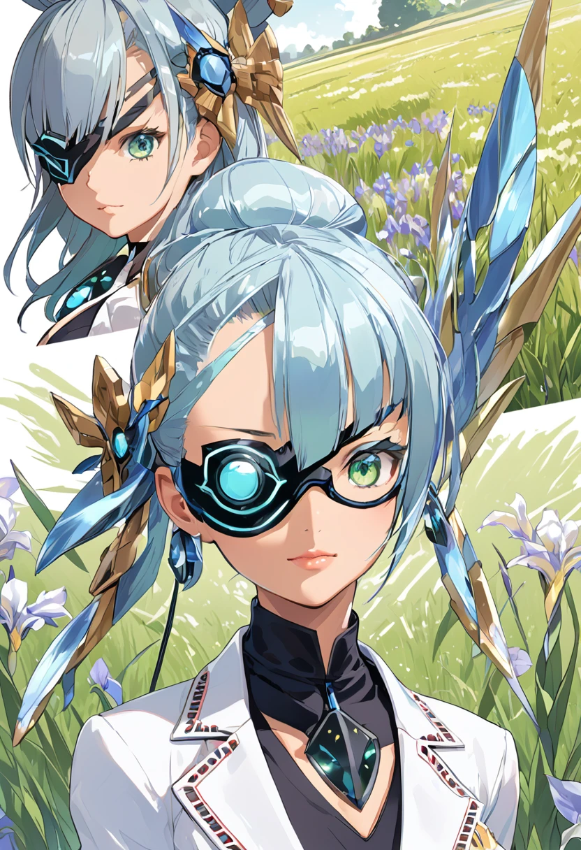 Mikumari \(Xenoblade\)masterpiece, Highest quality, ((1 person)),Blue Hair,Green Eyes,Serious expression, smile,Upper Body,Line art,Medium Hair,White blazer,Black T-shirt,Big Breasts,Bunhead,Black Mask, Expressionless blue eyes,((Kubo Obito Style)) Detailed face, Face Focus, Are standing, Black Hair,(hair ornaments:1.35),office lady, Sleeves edged with ribbon, Removable sleeves, Ribbon trim, Wide sleeves, (View your audience:1.5) Long Hair, iris, bangs, lips,smile,grassland