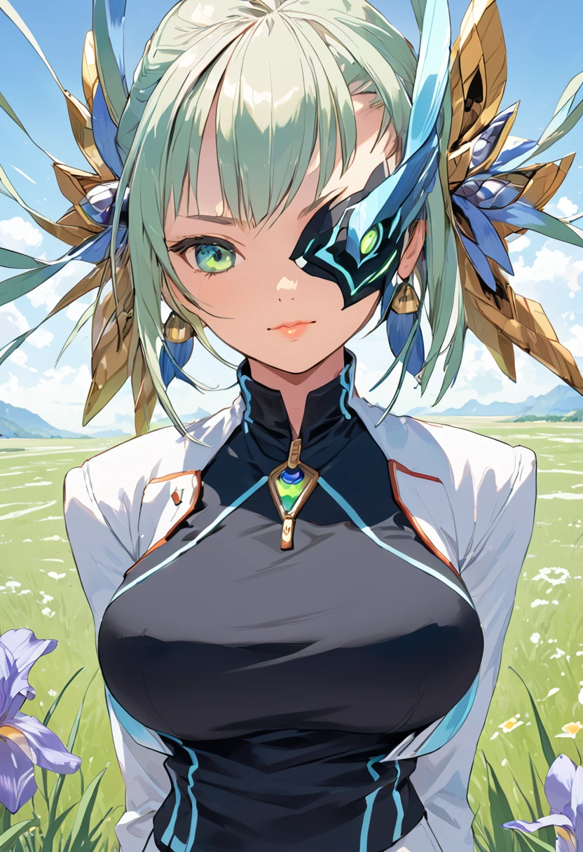 Mikumari \(Xenoblade\)masterpiece, Highest quality, ((1 person)),Blue Hair,Green Eyes,Serious expression, smile,Upper Body,Line art,Medium Hair,White blazer,Black T-shirt,Big Breasts,Bunhead,Black Mask, Expressionless blue eyes,((Kubo Obito Style)) Detailed face, Face Focus, Are standing, Black Hair,(hair ornaments:1.35),office lady, Sleeves edged with ribbon, Removable sleeves, Ribbon trim, Wide sleeves, (View your audience:1.5) Long Hair, iris, bangs, lips,smile,grassland