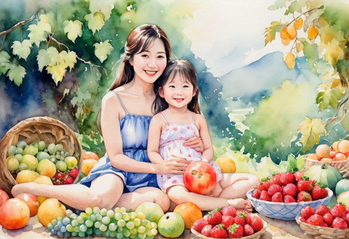 A captivating watercolor painting of serene Japanese mom and girl, naked with a gentle and enchanting smile. they are sitting on ground side by side, a colorful array of fruits such as grapes, strawberries, and melons around her. The background is a blend of soft and vibrant colors, with a sense of tranquility and innocence. The overall composition exudes a dreamlike and ethereal atmosphere, reflecting the essence of innocent beauty.