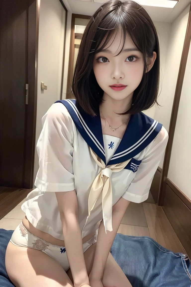 (masterpiece,best quality:1.4),absurdres:1.3,((8k)),((high resolution:1.5)),(raw photo,photo realistic:1.2),(shiny skin),extremely detailed skin,detailed face,detailed eyes,Detailed hand,Detailed Hair,Detailed Background,,1girl,upper body,Japanese idol,Elaborate design,extremely beautiful face,brown hair,Hair ornament, fair-skinned ,random hairstyle,(detailed sailor uniform,,Lace Panties),Indoor, karaoke box, holding microphone, pretty girl singing,,nsfw,大きく足を開く,座る,胸をズーム