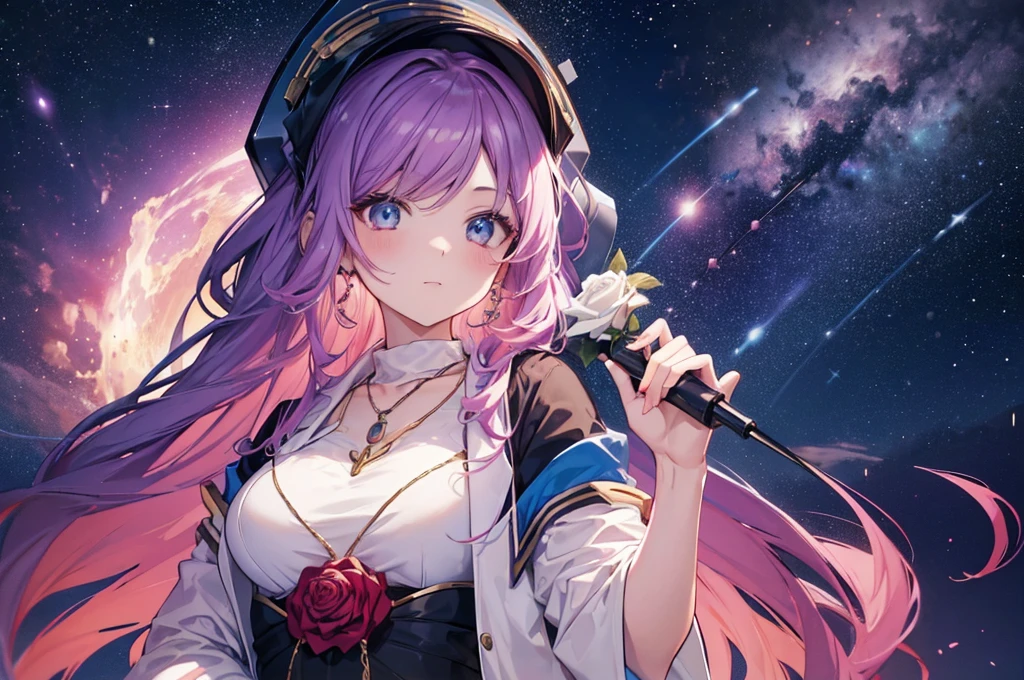 (((National Science Foundation))),Close-up of a woman with rich and colorful hair and necklace, Anime girl with space-like long hair, Rose Rose&#39;s gentle vitality, Gubes-style artwork, Fantasy art style, rich and colorful], Vivid fantasy style, Ross drew vivid cartoons, cosmic and rich and colorful, Geweitz, rich and colorful digital fantasy art, Great art style, Beautiful anime style, Full body lighting, Skin brightness, Sexy look