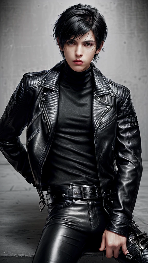 Final fantasy taste and reality graphics, ((Japanese young cute and cool ikemen boy)), his age is early 20s, thin eyebrows and beady eyes, ((he wearing black color leather thick and heavy material jacket)), ((jacket is single brest)), ((biker style jacket)), ((jacket is large size)),((with epaulet)), ((jacket is long sleeve)), ((zipped front of the leather jacket)), , ((voluminous leather jacket)), ,((must jacket is high length and stand-up collar)) ((jacket collar with two belts)), ((jacket is a little black color line pattern)), ((also wearing black thick material turtleneck lackluster shirts)), ((tight black leather pants)), ((put black leather tight and thin glove on both hands)), ((black leather glove)),((black leather knee-high raceup boots)),((must views head-to-toe)),((must views whole body)), ,((Do not show skin from the neck down)),leather jacket leather glove and leather pants have few wrinkles, Avoid showing your innerwear,zip up jacket fastner.must put on a leather glove.
Boy is black hair.boy looks like fashion model.
Boy in the dim room.