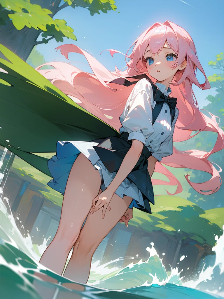 ((masterpiece, Highest)), (One girl), Light pink hair, long、Wave、Summer mini skirt、No underwear、Blue Eyes、The landscape is a botanical garden、Loose water、