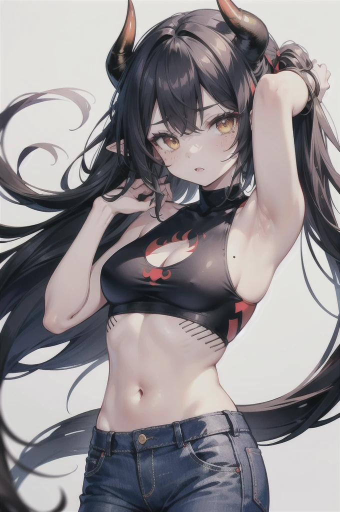 ((high quality)), ((masterpiece)), 8k, yellow eyes, red oni, simple background, long hair, mole under eye, red horns, oni horns, pointy ears, looking at viewer, skin-covered horns, flat breasts, tail, solo, demon girl, demon tail, 1girl, colored skin, freckles,black hair, red skin , crop top,  jeans, arms up, armpits