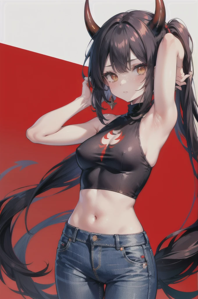 ((high quality)), ((masterpiece)), 8k, yellow eyes, red oni, simple background, long hair, mole under eye, red horns, oni horns, pointy ears, looking at viewer, skin-covered horns, flat breasts, tail, solo, demon girl, demon tail, 1girl, colored skin, freckles,black hair, red skin , crop top, jeans, arms up, armpits
