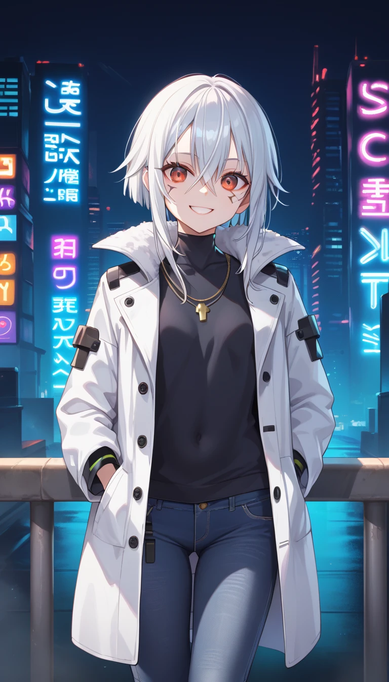 1girl, 15 years old, slim, small breasts, white hair, hairs between eyes, shoulder length hair, pale skin, bright red eye, white duffle coat and long-sleeve black sweater, open jacket, jeans, gold pocket watches hanging from the neck, BREAK kawaii, smile, cowboy shot, pose, cyberpunk, night city, neon light, light particle, BREAK smooth skin, cinematic lighting, volumetric shadow, BREAK score_9, score_8_up, score_7_up,