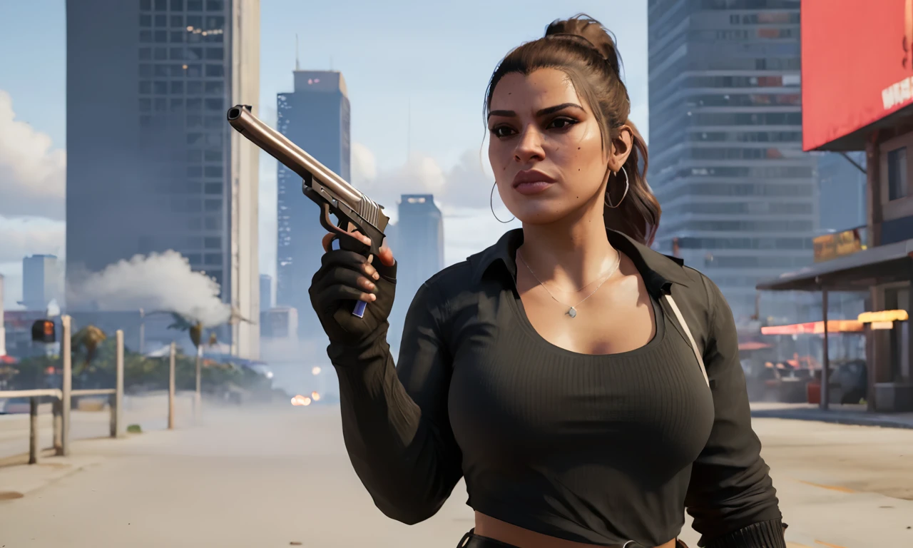 A captivating concept art of a fierce female protagonist titled 'LuciaGTA6SDXL' in GTA 6. She is dressed in a stylish, all-black outfit with fingerless gloves and knee-high boots. Her hair is tied in a high ponytail, and she sports a determined expression. She confidently holds a large pistol in one hand and a smokes cigarette in the other. The background is a neon-lit cityscape, with tall skyscrapers and a bustling nightlife, giving off a gritty and glamorous vibe.