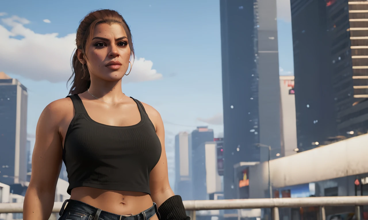 A captivating concept art of a fierce female protagonist titled 'LuciaGTA6SDXL' in GTA 6. She is dressed in a stylish, all-black outfit with fingerless gloves and knee-high boots. Her hair is tied in a high ponytail, and she sports a determined expression. She confidently holds a large pistol in one hand and a smokes cigarette in the other. The background is a neon-lit cityscape, with tall skyscrapers and a bustling nightlife, giving off a gritty and glamorous vibe.