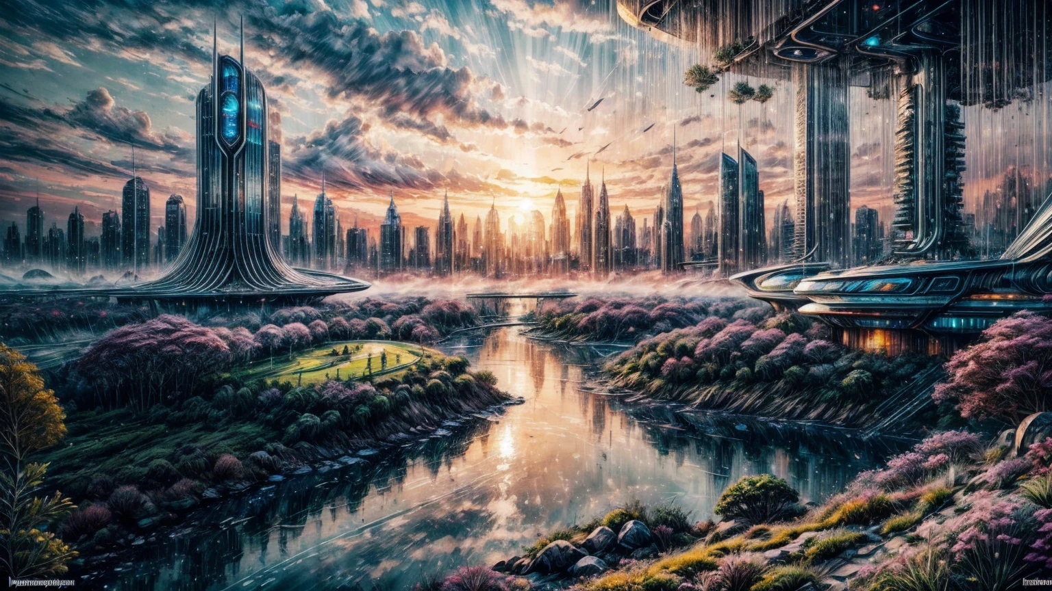 (Best quality,4K,8K,A high resolution,Masterpiece:1.2),Ultra-detailed,(Realistic,Photorealistic,photo-realistic:1.37),Futuristic floating city,Futuristic technology,Huge urban high-tech tablet platform,Airship,Floating in the sky,Futuristic city,Small airships around,High-tech hemispherical platform,Colorful lights,Advanced architecture,modernn architecture,skyscrapper,Access the cloud,Scenic beauty,view over city,Impressive design,Blend seamlessly with nature,energetic and vibrant atmosphere,Futuristic transportation system,Parking is suspended,Transparent path,Lush greenery,Sky gardens,cascading waterfalls,Magnificent skyline,reflections on the water,Sparkling river,Architectural innovation,futuristic skyscrapers,Transparent dome,The shape of the building is unusual,Elevated walkway,Impressive skyline,Glowing lights,Futuristic technology,Minimalist design,Scenic spots,Panoramic view,Cloud Piercing Tower,Vibrant colors,epic sunrise,epic sunset,Dazzling light display,magical ambiance,The future city,Urban Utopia,LuxuryLifestyle,Innovative energy,sustainable development,Smart city technology,Advanced infrastructure,Tranquil atmosphere,Nature and technology live in harmony,Awesome cityscape,Unprecedented urban planning,Architecture connects seamlessly with nature,High-tech metropolis,A cutting-edge engineering marvel,The future of urban living,Visionary architectural concept,Energy-efficient buildings,Harmony with the environment,A city floating above the clouds,Utopian dreams become reality,The possibilities are endless,State-of-the-art transportation network,Green energy integration,Innovative materials,Impressive holographic display,Advanced communication system,Breathtaking aerial view,Quiet and peaceful environment,Modernist aesthetics,Ethereal beauty