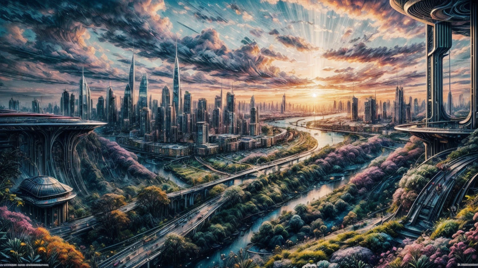 (Best quality,4K,8K,A high resolution,Masterpiece:1.2),Ultra-detailed,(Realistic,Photorealistic,photo-realistic:1.37),Futuristic floating city,Futuristic technology,Huge urban high-tech tablet platform,Airship,Floating in the sky,Futuristic city,Small airships around,High-tech hemispherical platform,Colorful lights,Advanced architecture,modernn architecture,skyscrapper,Access the cloud,Scenic beauty,view over city,Impressive design,Blend seamlessly with nature,energetic and vibrant atmosphere,Futuristic transportation system,Parking is suspended,Transparent path,Lush greenery,Sky gardens,cascading waterfalls,Magnificent skyline,reflections on the water,Sparkling river,Architectural innovation,futuristic skyscrapers,Transparent dome,The shape of the building is unusual,Elevated walkway,Impressive skyline,Glowing lights,Futuristic technology,Minimalist design,Scenic spots,Panoramic view,Cloud Piercing Tower,Vibrant colors,epic sunrise,epic sunset,Dazzling light display,magical ambiance,The future city,Urban Utopia,LuxuryLifestyle,Innovative energy,sustainable development,Smart city technology,Advanced infrastructure,Tranquil atmosphere,Nature and technology live in harmony,Awesome cityscape,Unprecedented urban planning,Architecture connects seamlessly with nature,High-tech metropolis,A cutting-edge engineering marvel,The future of urban living,Visionary architectural concept,Energy-efficient buildings,Harmony with the environment,A city floating above the clouds,Utopian dreams become reality,The possibilities are endless,State-of-the-art transportation network,Green energy integration,Innovative materials,Impressive holographic display,Advanced communication system,Breathtaking aerial view,Quiet and peaceful environment,Modernist aesthetics,Ethereal beauty