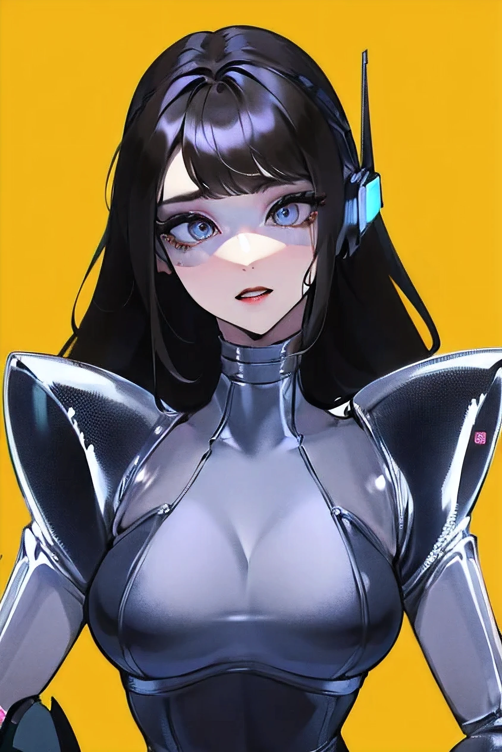 empty eyes,robotized woman ,big bust,Robot Joint ,Metal skin,Black suit