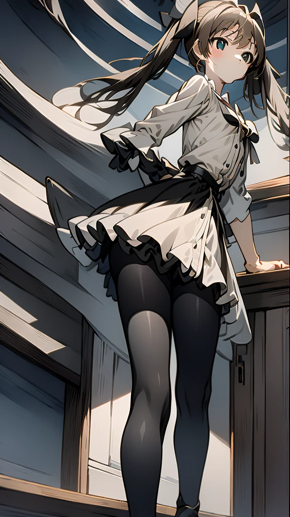 An anime woman 25 years old, medium wavy black hair, pink eyes, medium chest, wearing a black lace corset, short black skirt and long black stockings, posing in his room near the window with a night sky illuminated with moonlight