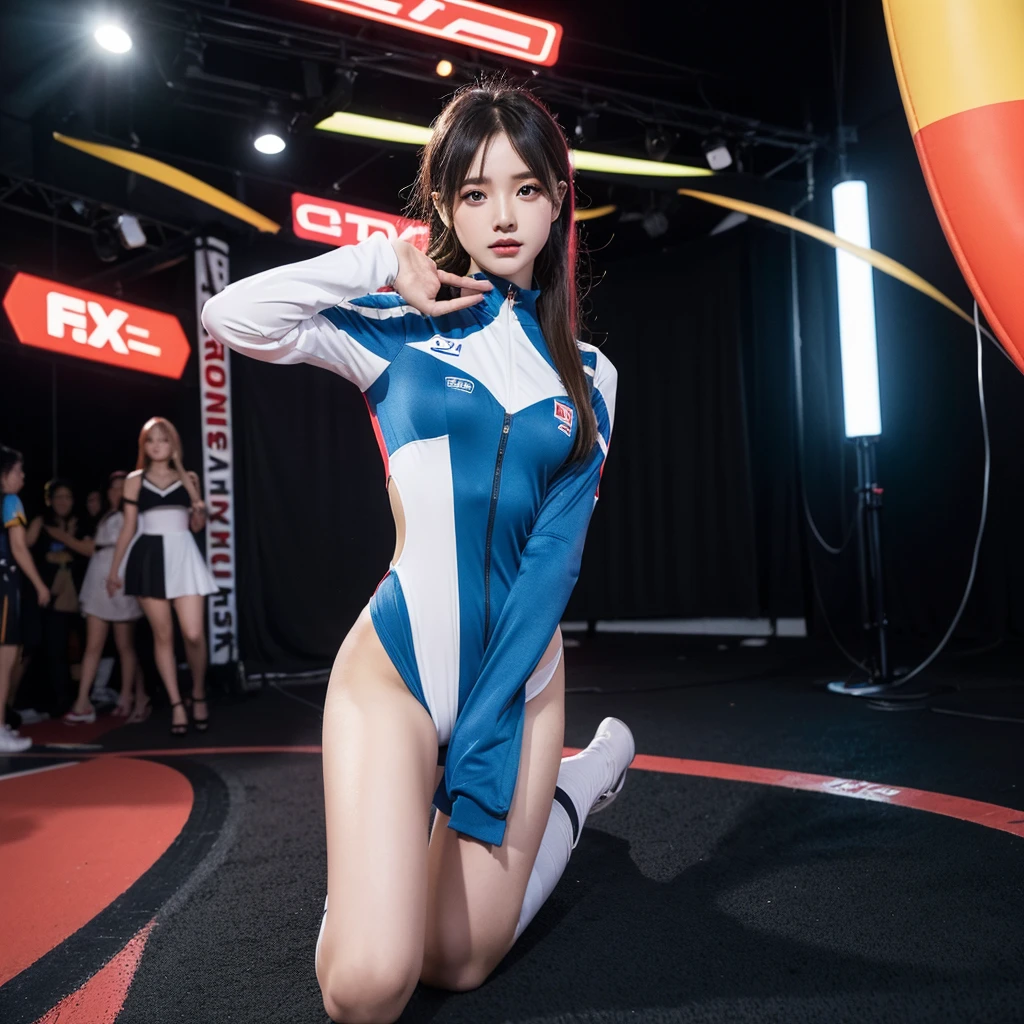 Super detailed photos、Detailed face、Lip gloss、Cool woman、Colorful costumes、F1 Driver Cosplay、Colorful costumes、Clothing with company logo、Grid Girlsのカラフルで派手な衣装、Grid Girls、Perfect Face、Paddock Girls、Harem、motor Show、tights、Bodycon Costumes、Grid Girls、Russia、Grid Girlsのコスプレ、belly button、Pleated skirt、Bodycon Costumes、Legs open pose、Spread your legs to show your crotch