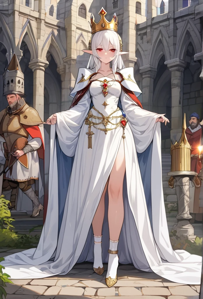 1girl, elf, crown, white hair, red eyes, medieval, royal robe, white dress, white dress, white socks, ornament, castle, masterpiece, high quality, high heels, detailed face, detailed body