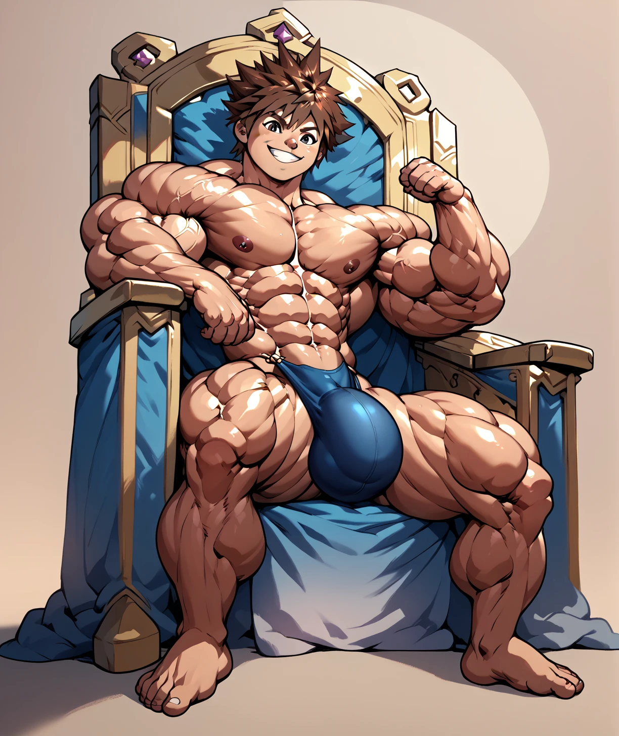 naked , big bulge , huge bulge , brown thong ,alone, full body,smiling , muscular, huge muscle, big muscles, pectoral muscle , Boy , YOUNG , YOUNG , sora , brown eyes, brown hair, pokkuti , sitting on a throne, royal throne, sitting , kingdom hearts