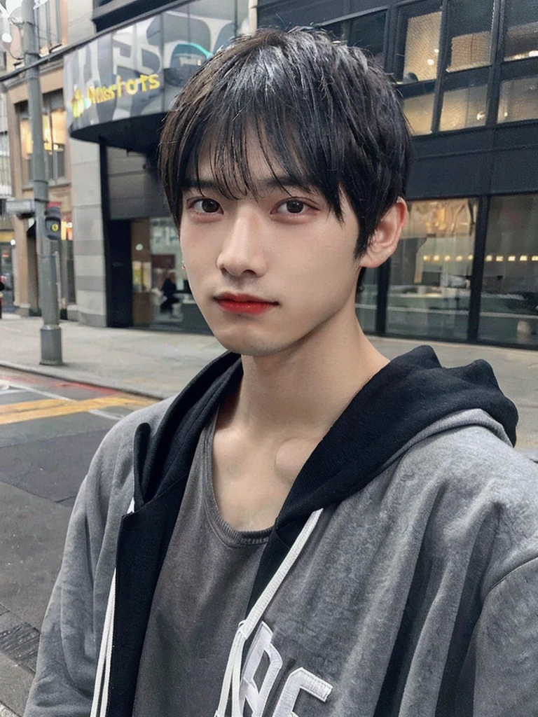 Masterpiece, high quality, close-up, one boy, black hair, black eyes, grey hoodie