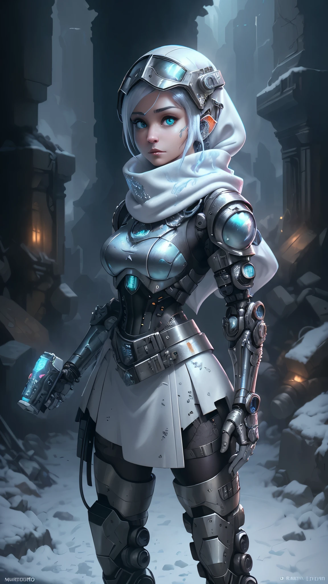 (The best quality,A high resolution,ultra - detailed,actual),Ariana Grande wearing a helmet and a scarf with a camera attached to it, dystopian sci-fi character, cyberpunk statue, cyberpunk nun warrior, (dystopian scifi gear:1.4) ,(cabello white canoso :1.4), scifi character, sci - fi character, hyper-realistic cyberpunk style, cyberpunk helmet, (fashionable cyberpunk mechanoid:1.4) , zbrush central contest winner, cyberpunk style , hyperrealistic, ,(Ruined dungeon ruins background:1.4 ), epic fantasy art style hd, 4K fantasy art, epic fantasy digital art style, epic fantasy art style, Fantasy Woman, epic fantasy art portrait, Epic fantasy style, hyperrealistic fantasy art, hd fantasy art, epic fantasy character art, epic fantasy art, in style of dark fantasy art, epic fantasy digital art, (cinematic lighting :1.4),( face detailed :1.4),( Ariana Grande :1.4),( He has a camouflage white military helmet plomo metallic :1.4), (fondo nieve congelado cayendo :1.4),( piedras grandes congelado hielo :1.4), (cayendo copos de nieve :1.4), (pose vaquero), (mini skirt white cyborg :1.4)