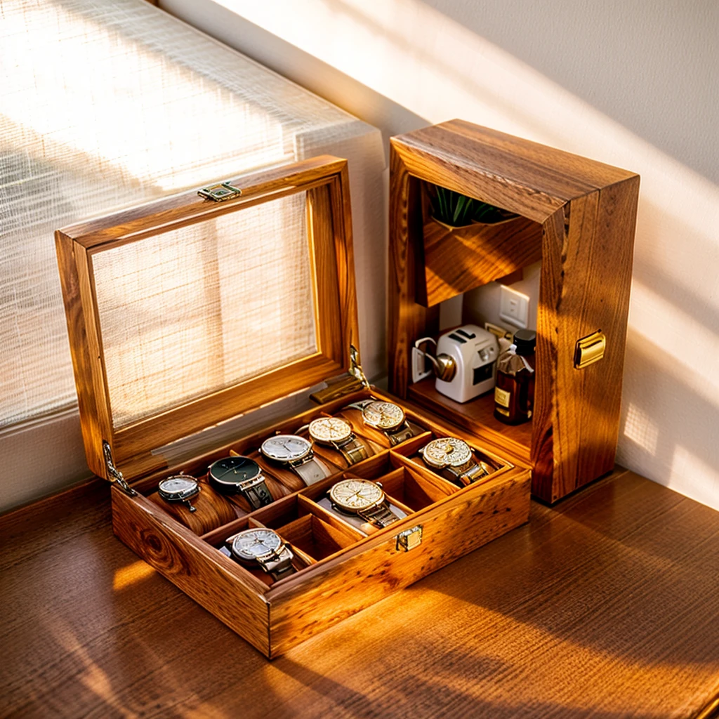 In this cozy room，A ray of sunlight shone through the half-drawn curtains on the table，Let the wood grain on the watch storage box shine with a faint luster。There was a calm and peaceful atmosphere in the air around them。There are several still lifes hanging on the walls of the room，It adds a touch of elegance to the space。And on the other side of the room，The half-open window lets in the breeze，The pages on the small desk by the window turned in the wind，This quiet scene gives a sense of tranquility and comfort。
