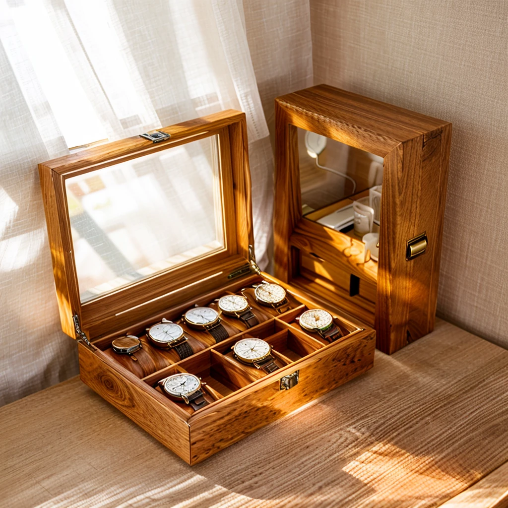 In this cozy room,A ray of sunlight shone through the half-drawn curtains on the table,Let the wood grain on the watch storage box shine with a faint luster。There was a calm and peaceful atmosphere in the air around them。There are several still lifes hanging on the walls of the room,It adds a touch of elegance to the space。And on the other side of the room,The half-open window lets in the breeze,The pages on the small desk by the window turned in the wind,This quiet scene gives a sense of tranquility and comfort。